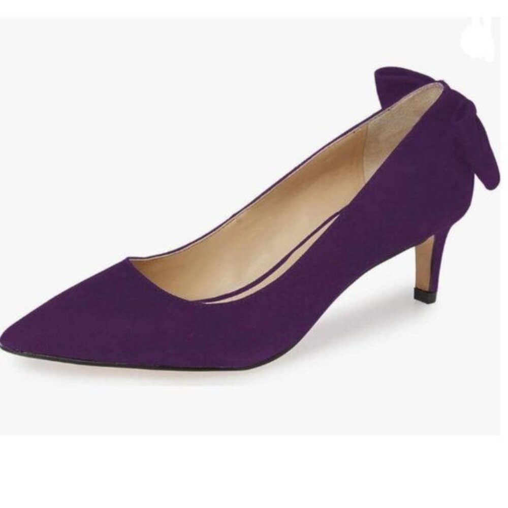 YDN Dark Purple Pointed Toe Low Heel Office Pumps Slip on Dress Shoes Bowknot